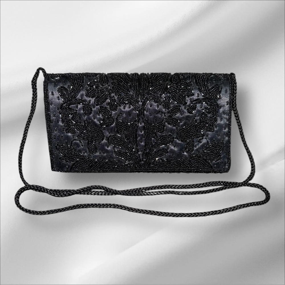 Vintage Valerie Stevens EUC Black Bead Satin Evening Bag Clutch - Picture 7 of 7